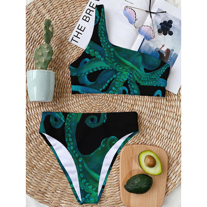 Watercolor Octopus Print One Shoulder Bikini Top