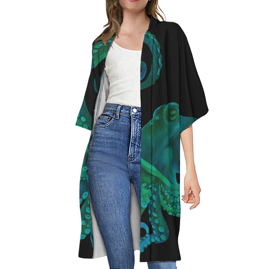 Watercolor Octopus Print Open Front Beach Cover Up