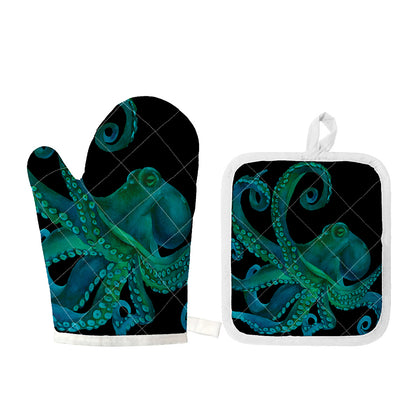 Watercolor Octopus Print Oven Mitt And Pot Holder Set