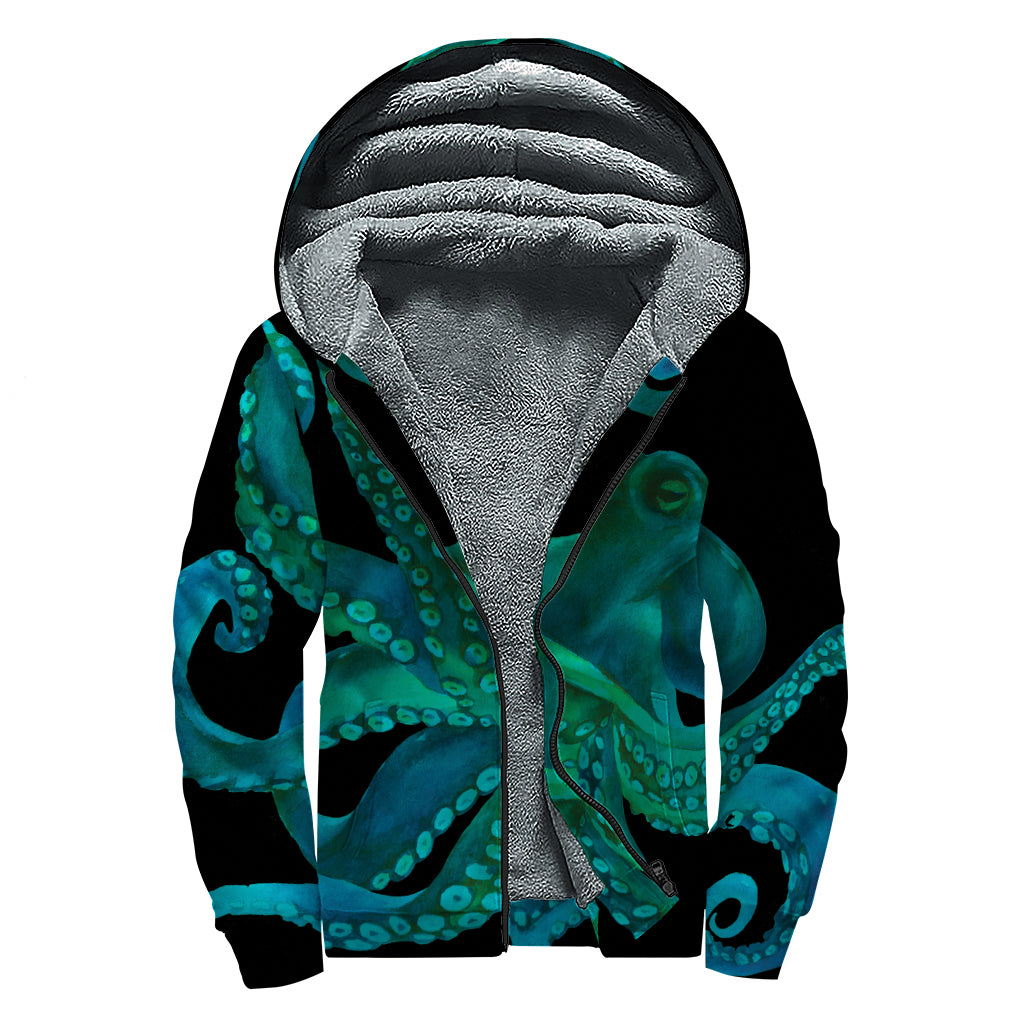 Watercolor Octopus Print Sherpa Lined Zip Up Hoodie