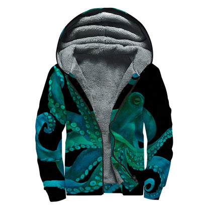 Watercolor Octopus Print Sherpa Lined Zip Up Hoodie