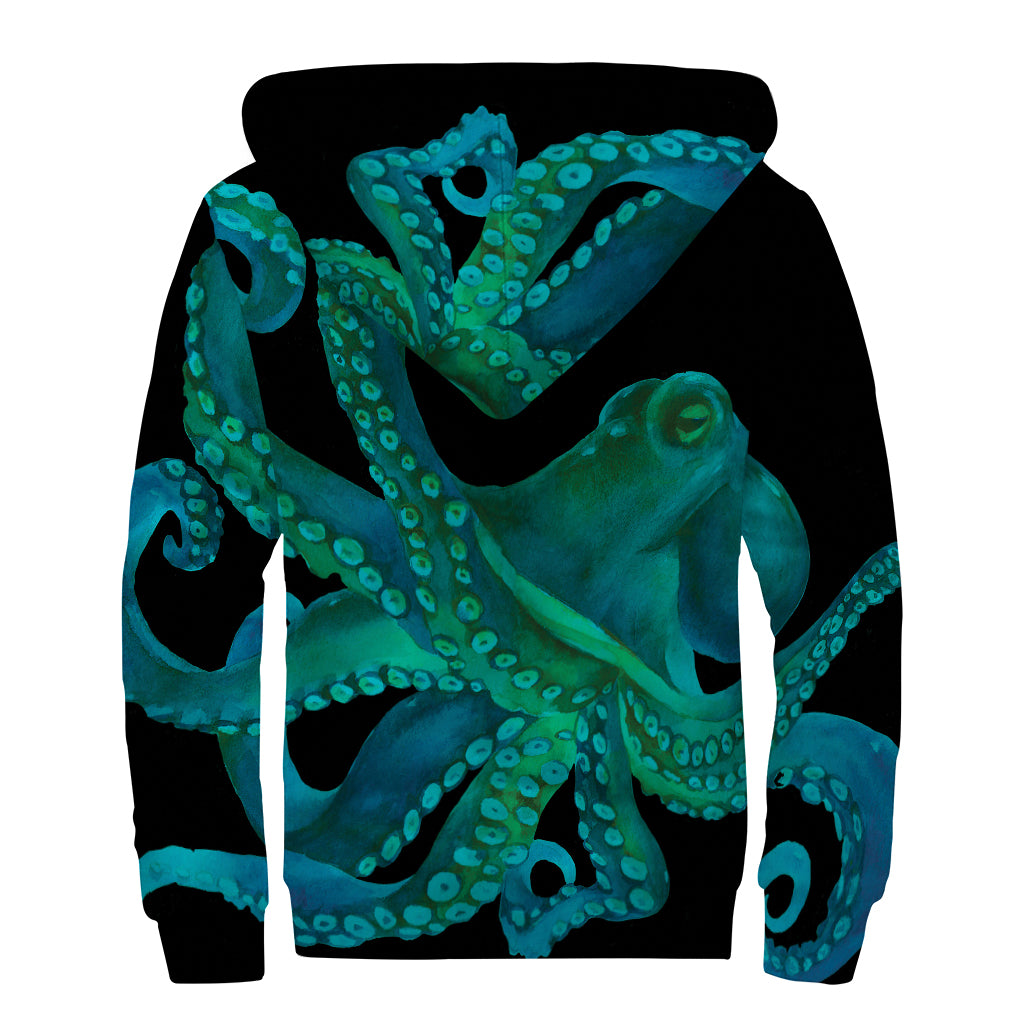 Watercolor Octopus Print Sherpa Lined Zip Up Hoodie