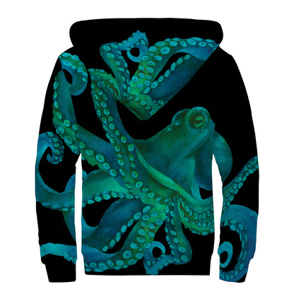 Watercolor Octopus Print Sherpa Lined Zip Up Hoodie
