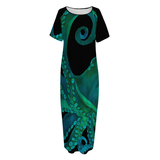 Watercolor Octopus Print Short Sleeve Long Nightdress