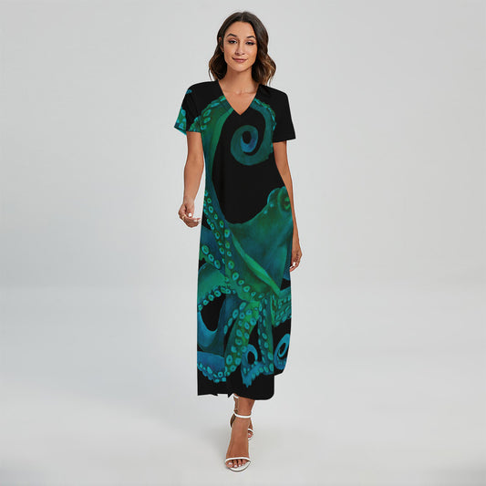 Watercolor Octopus Print Short Sleeve Maxi Dress