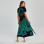 Watercolor Octopus Print Short Sleeve Maxi Dress