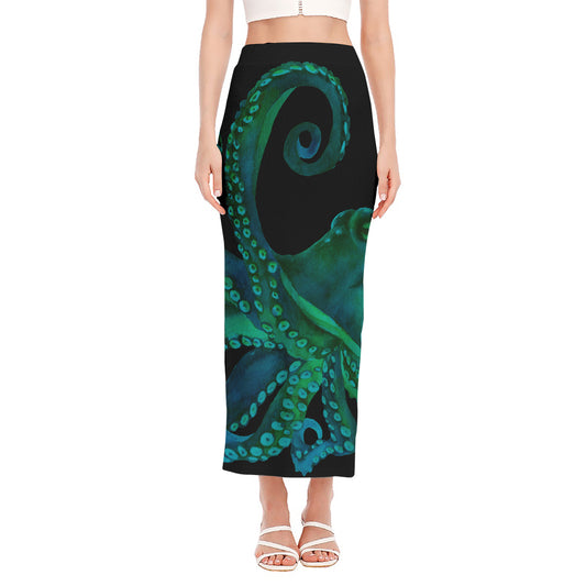 Watercolor Octopus Print Side Slit Maxi Skirt