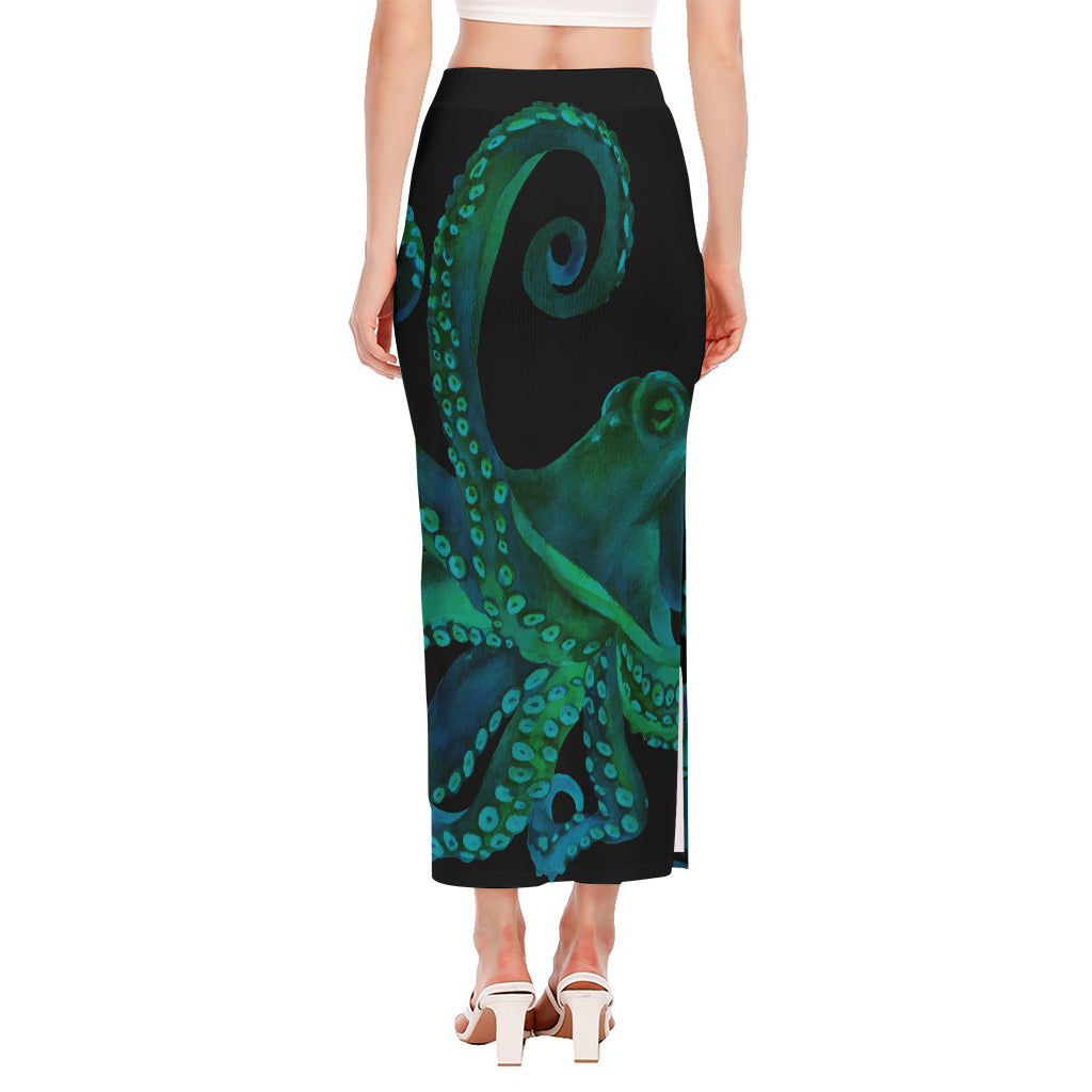 Watercolor Octopus Print Side Slit Maxi Skirt