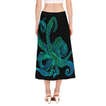 Watercolor Octopus Print Side Slit Midi Skirt