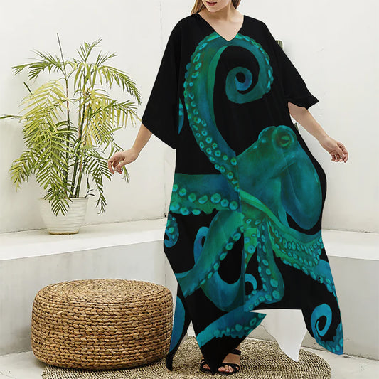 Watercolor Octopus Print Silk V-Neck Kaftan Dress