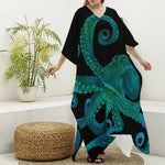 Watercolor Octopus Print Silk V-Neck Kaftan Dress