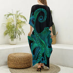 Watercolor Octopus Print Silk V-Neck Kaftan Dress