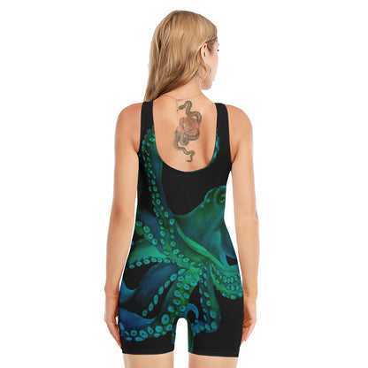 Watercolor Octopus Print Sleeveless One Piece Swimsuit