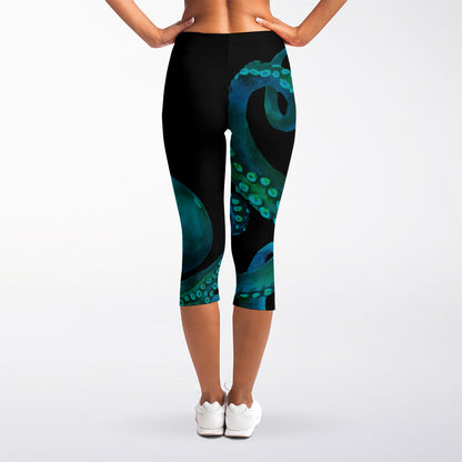 Watercolor Octopus Print Women's Capri Leggings
