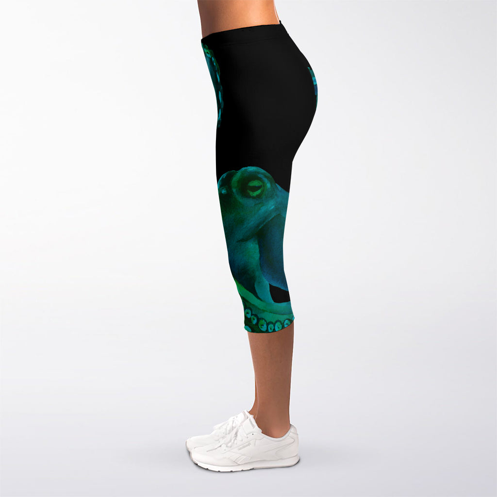 Watercolor Octopus Print Women's Capri Leggings