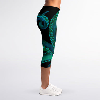 Watercolor Octopus Print Women's Capri Leggings