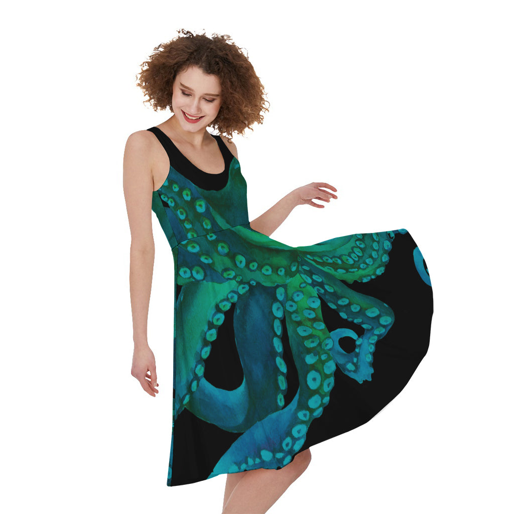 Watercolor Octopus Print Women's Sleeveless Dress