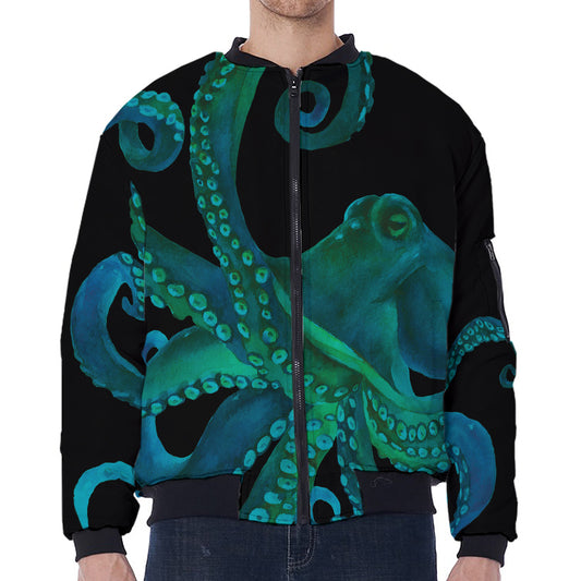 Watercolor Octopus Print Zip Sleeve Bomber Jacket