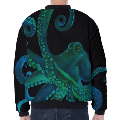 Watercolor Octopus Print Zip Sleeve Bomber Jacket