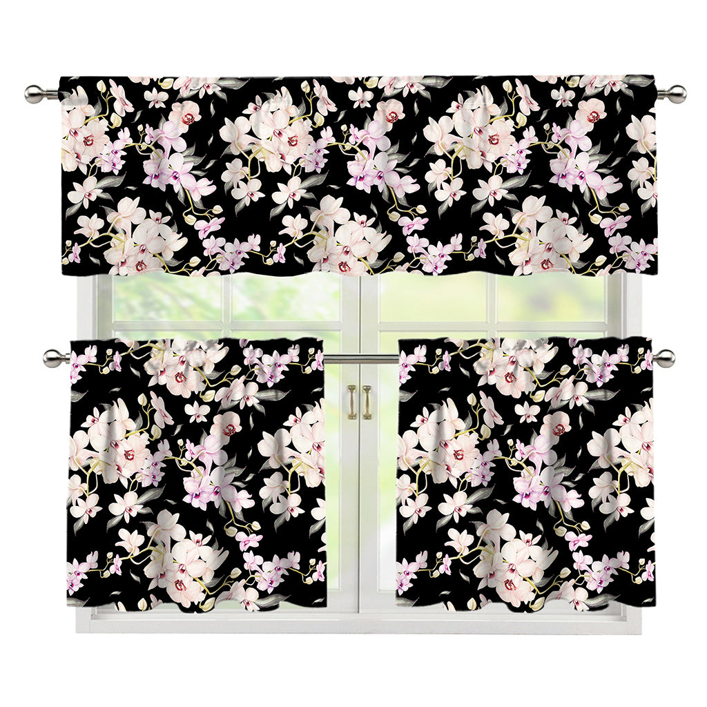Watercolor Orchid Flower Pattern Print 3 Piece Kitchen Curtains