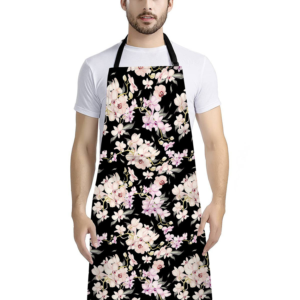 Watercolor Orchid Flower Pattern Print Bib Apron With Pocket