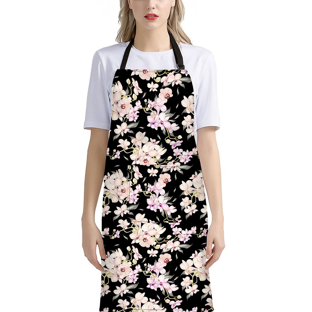 Watercolor Orchid Flower Pattern Print Bib Apron With Pocket
