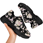 Watercolor Orchid Flower Pattern Print Black Chunky Shoes