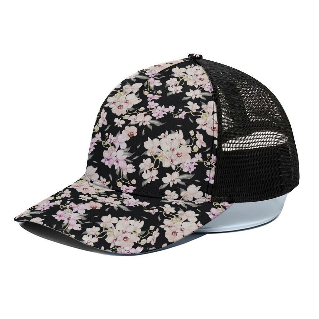 Watercolor Orchid Flower Pattern Print Black Mesh Trucker Cap