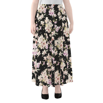 Watercolor Orchid Flower Pattern Print Chiffon Maxi Skirt