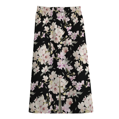 Watercolor Orchid Flower Pattern Print Cotton Front Slit Maxi Skirt