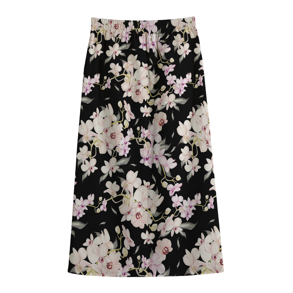Watercolor Orchid Flower Pattern Print Cotton Front Slit Maxi Skirt