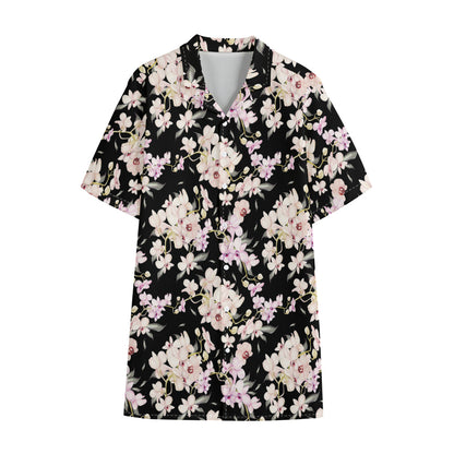 Watercolor Orchid Flower Pattern Print Cotton Hawaiian Shirt
