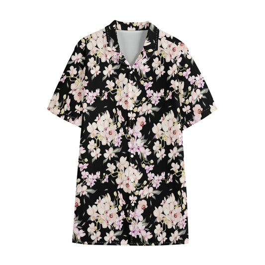 Watercolor Orchid Flower Pattern Print Cotton Hawaiian Shirt