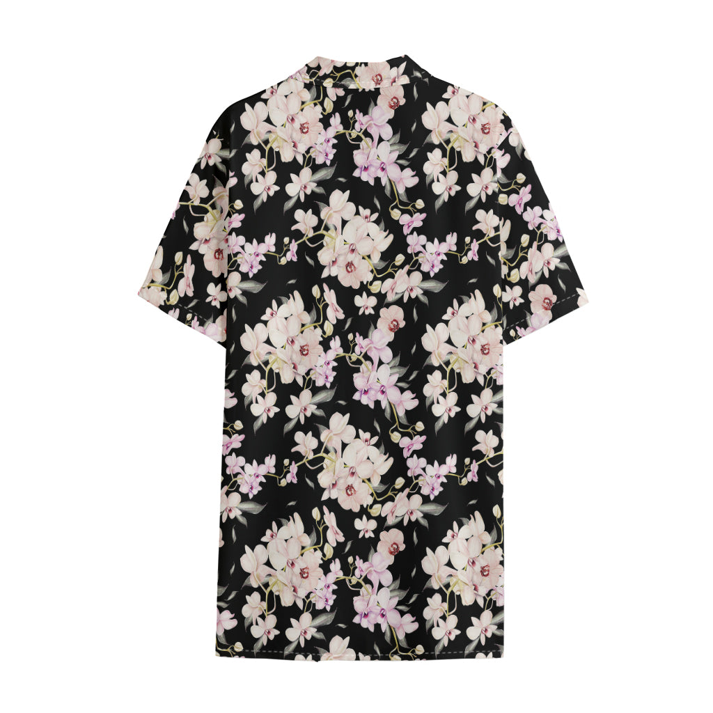 Watercolor Orchid Flower Pattern Print Cotton Hawaiian Shirt