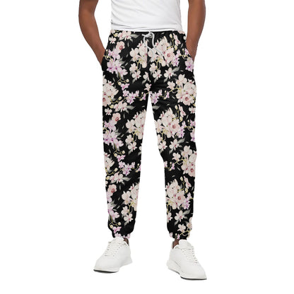 Watercolor Orchid Flower Pattern Print Cotton Pants