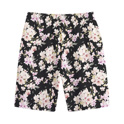 Watercolor Orchid Flower Pattern Print Cotton Shorts