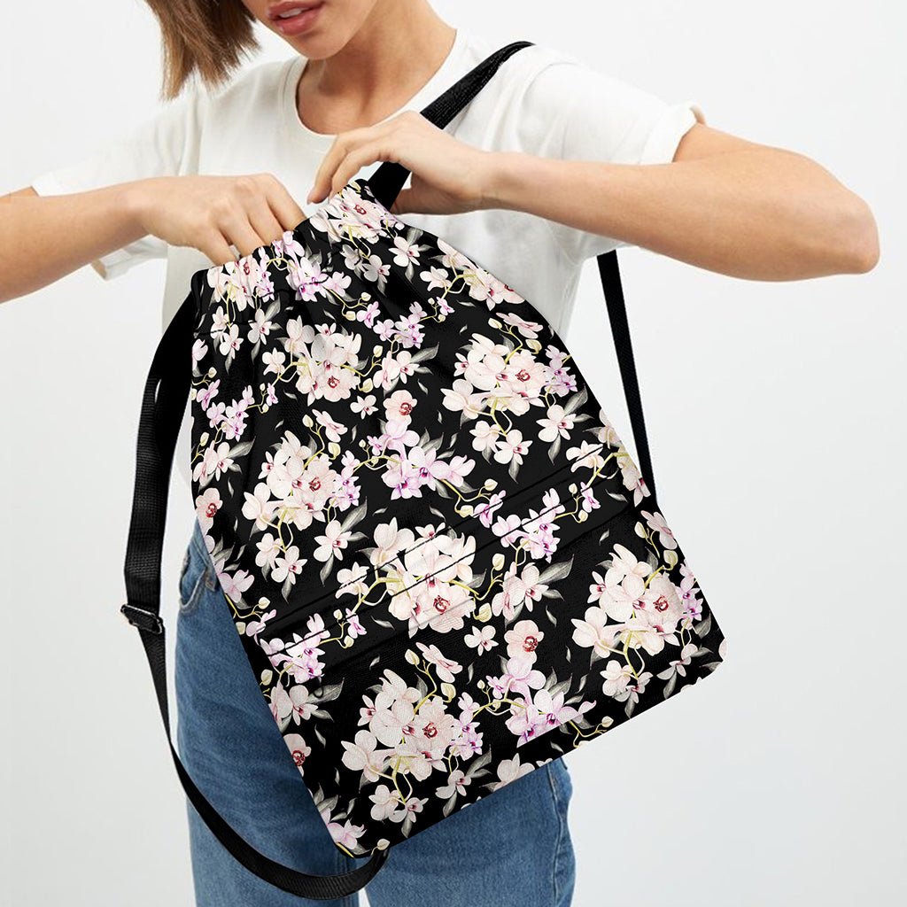Watercolor Orchid Flower Pattern Print Drawstring Backpack