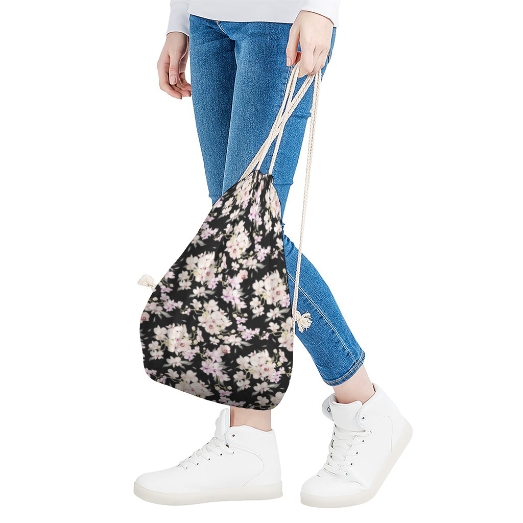 Watercolor Orchid Flower Pattern Print Drawstring Bag