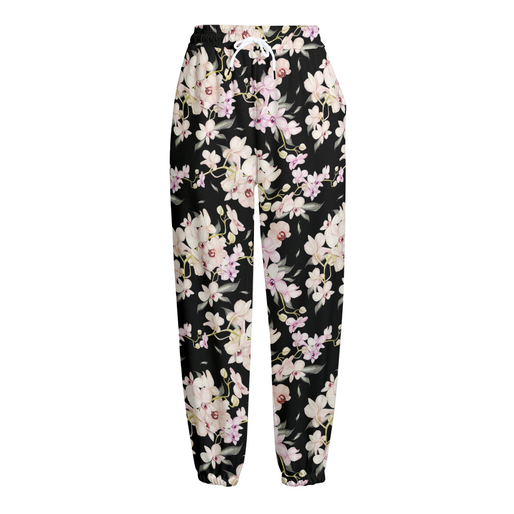 Watercolor Orchid Flower Pattern Print Fleece Lined Knit Pants