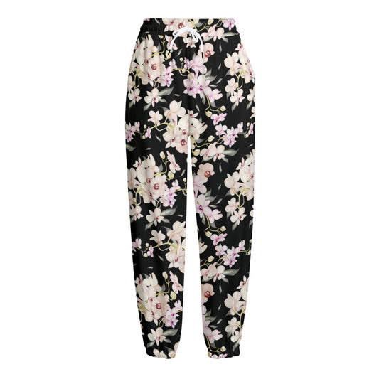 Watercolor Orchid Flower Pattern Print Fleece Lined Knit Pants