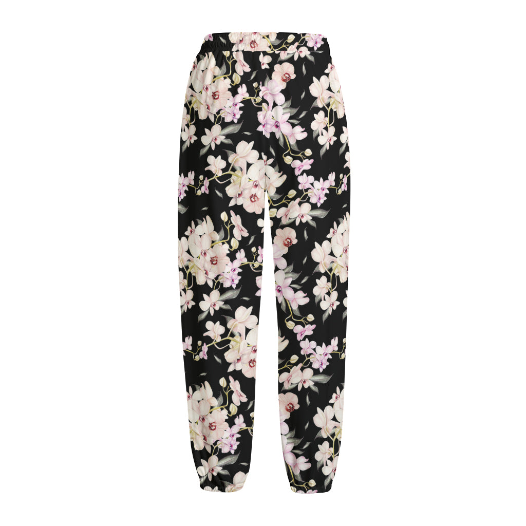 Watercolor Orchid Flower Pattern Print Fleece Lined Knit Pants