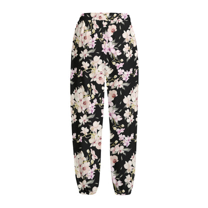 Watercolor Orchid Flower Pattern Print Fleece Lined Knit Pants