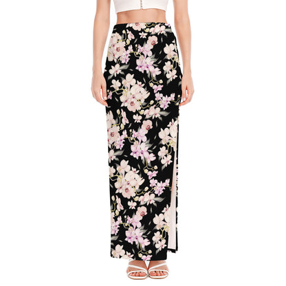 Watercolor Orchid Flower Pattern Print High Slit Maxi Skirt