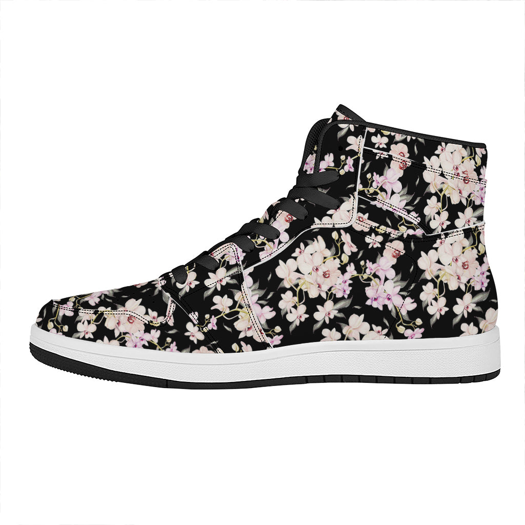 Watercolor Orchid Flower Pattern Print High Top Leather Sneakers