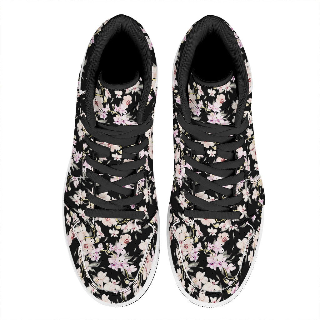 Watercolor Orchid Flower Pattern Print High Top Leather Sneakers