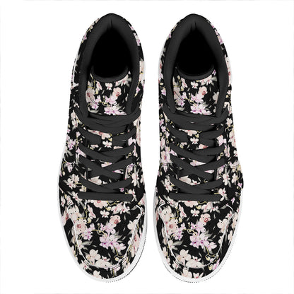 Watercolor Orchid Flower Pattern Print High Top Leather Sneakers
