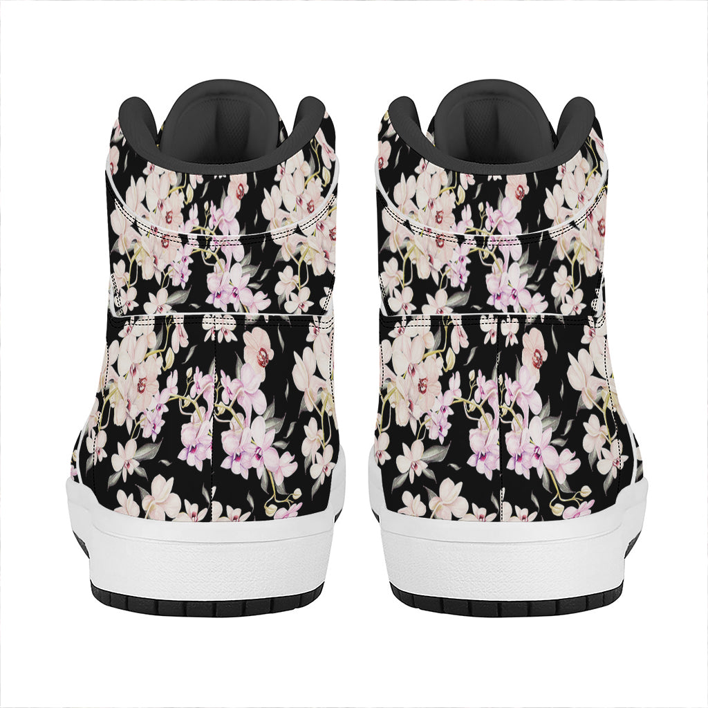 Watercolor Orchid Flower Pattern Print High Top Leather Sneakers
