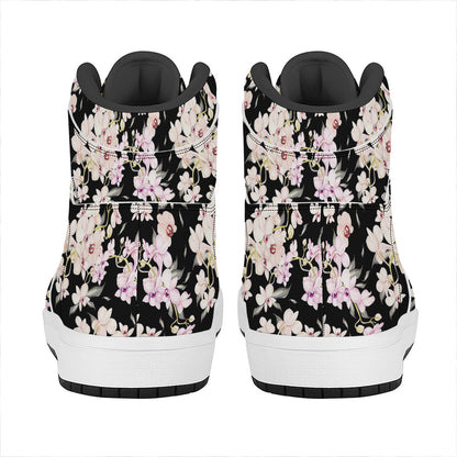 Watercolor Orchid Flower Pattern Print High Top Leather Sneakers