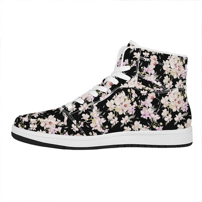 Watercolor Orchid Flower Pattern Print High Top Leather Sneakers