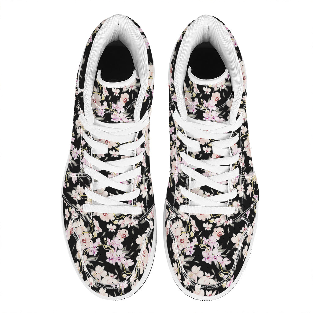Watercolor Orchid Flower Pattern Print High Top Leather Sneakers